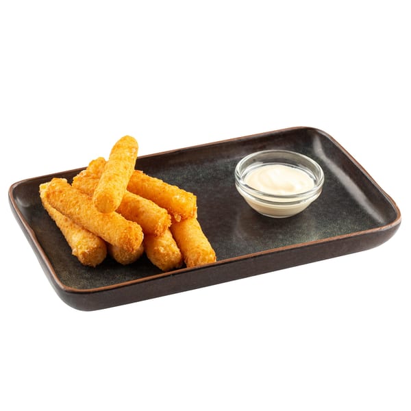 Golden-brown mozzarella sticks piled on a dark rectangular plate with a side of white dipping sauce.